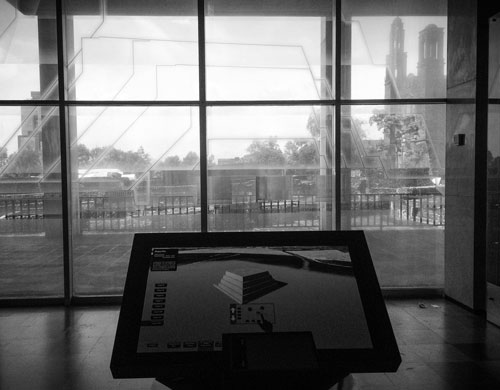 Looking out onto Aztec ruins of Tlatelolco from inside the museum