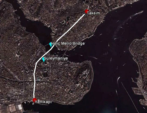Map showing the new metro extension from Taksim to Yenikapi