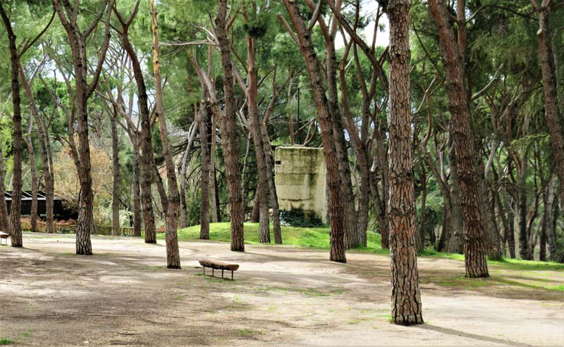bunker in backround surrounded by trees, park bench in foreground