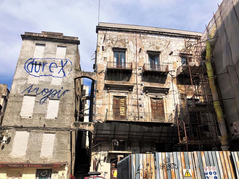 dilapidated buildings with graffiti