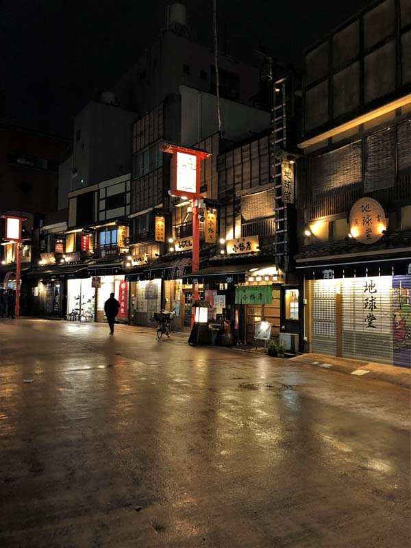 shops lit up along street at night