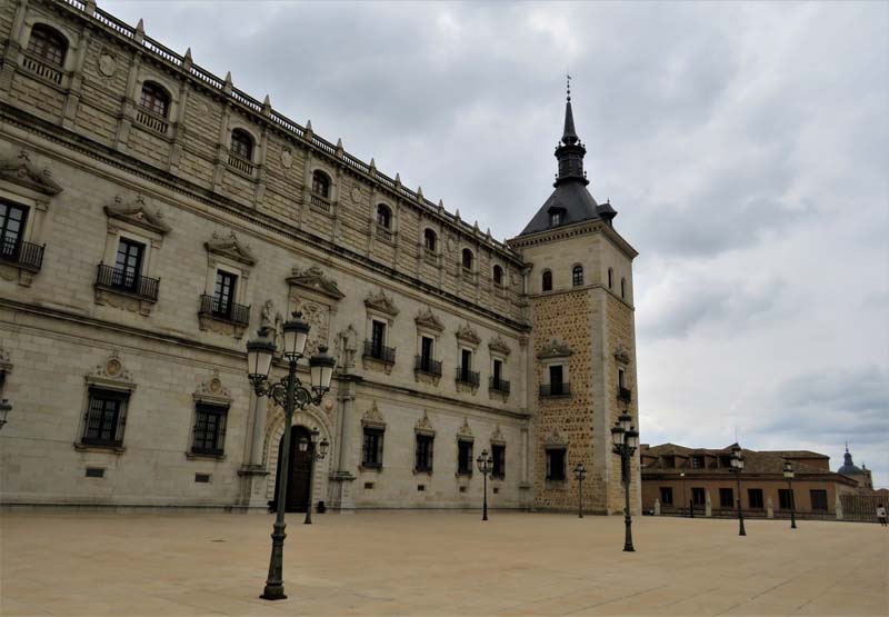 exterior of Alcazar of Toledo, lightposts in foreground