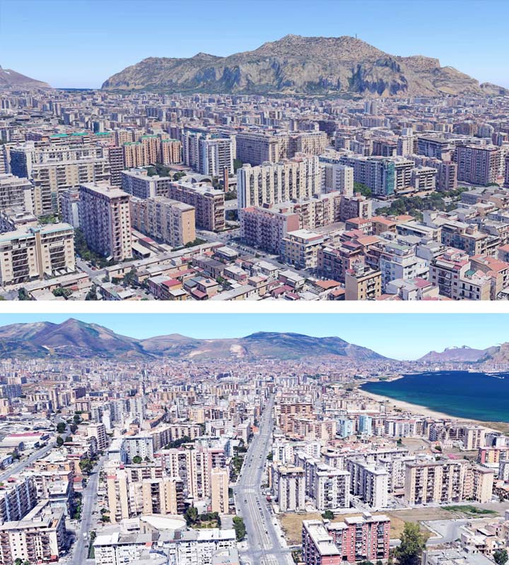 aerial view of multi-story buildings with mountains in background