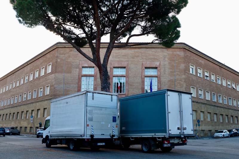 Two box trucks parked side by side next to a tall tree in front of a mid-rise building