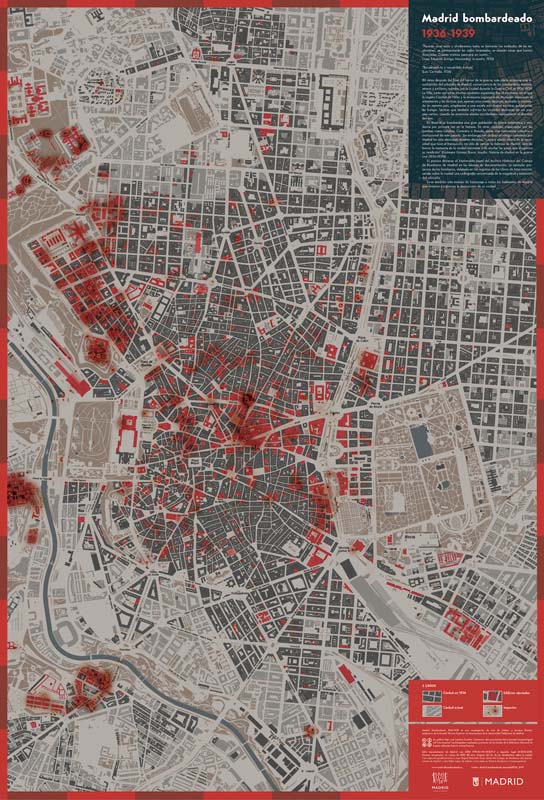 black and white map of Madrid with red overlay
