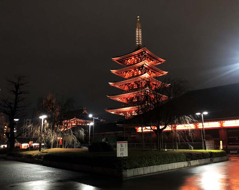 pagoda lit up at night