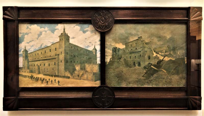 diptych painting in wood frame showing Alcazar of Toledo on left, destruction on right