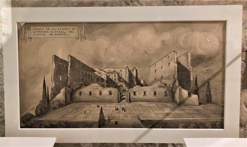 drawing of damaged Alcazar of Toledo in white frame