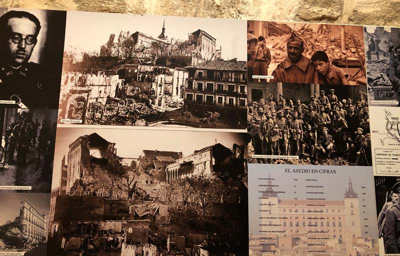 photos of destroyed Alcazar of Toledo and soldiers, maps and charts