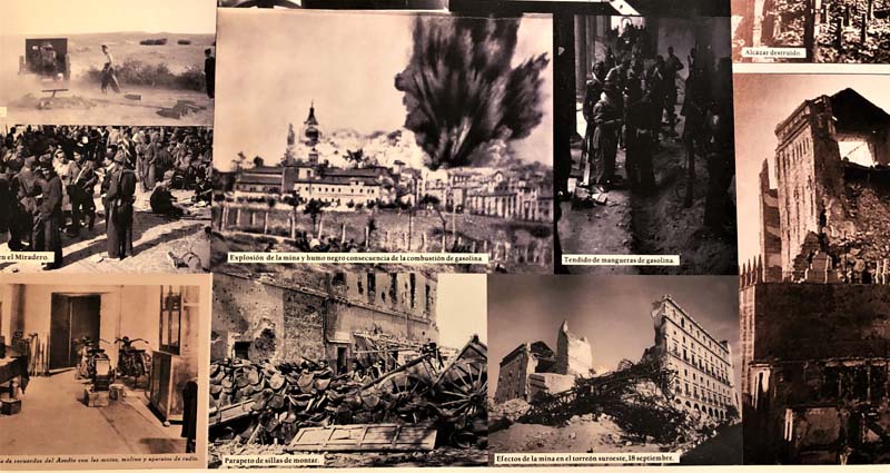 photos of explosion at Alcazar of Toledo, destroyed buildings, soldiers