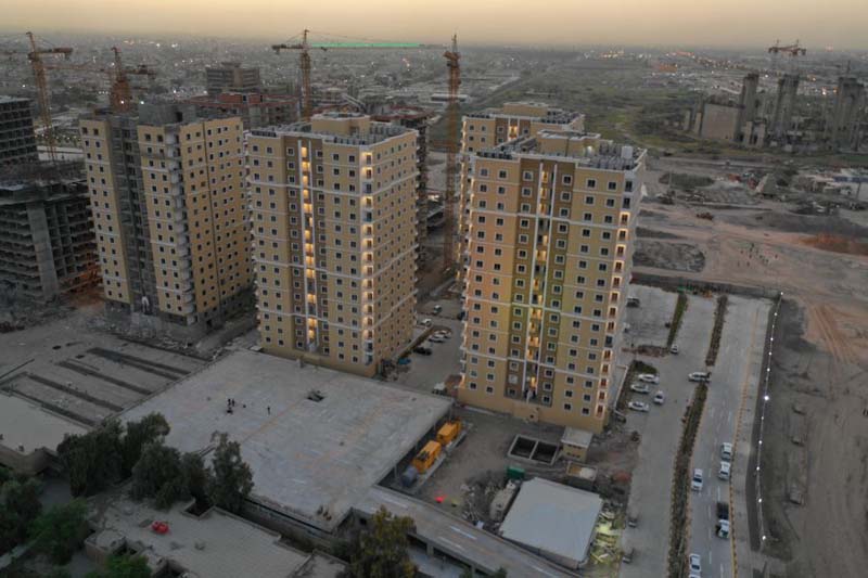 aerial view of three high-rise apartment towers