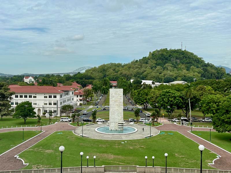 fountain surrounded by a square