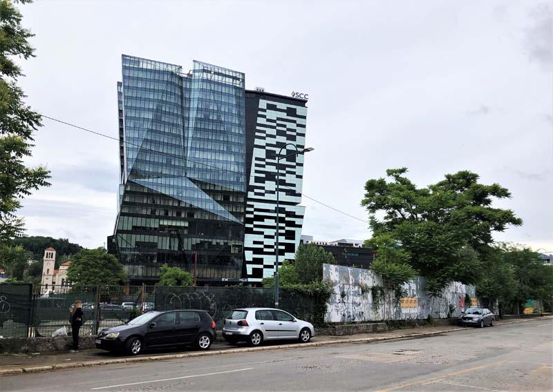 modern angular glass skyscraper