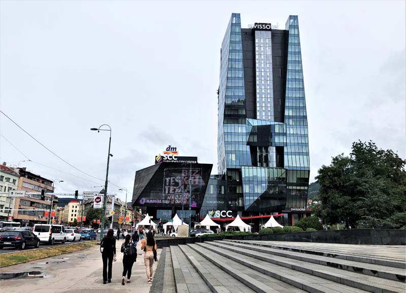 street scene with modern glass skyscraper 