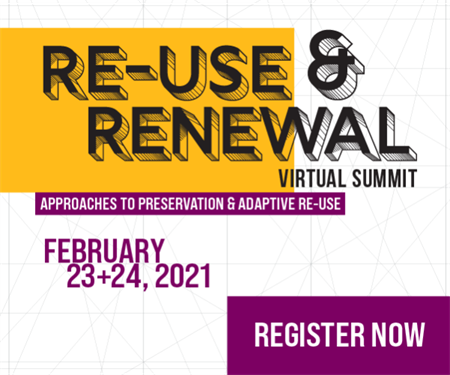 Re-Use & Renewal Virtual Summit, gold and purple on white background
