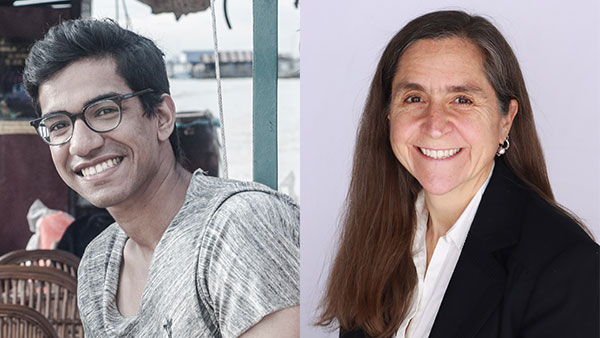 Adil Mansure, an Indian man with short black hair, faces the camera and smiles, wearing black glasses and a gray and white t-shirt. Anne Steinert, a white woman with long brown hair, faces the camera and smiles, wearing a white shirt and black blazer.