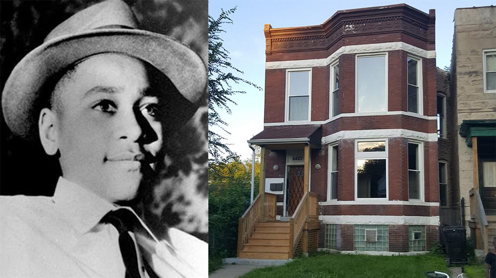 black and white photo of Emmett Till next to photo of his Chicago home