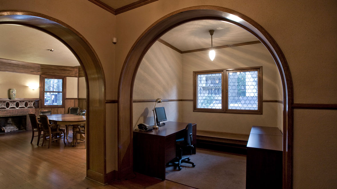 View of dining room and south alcove
