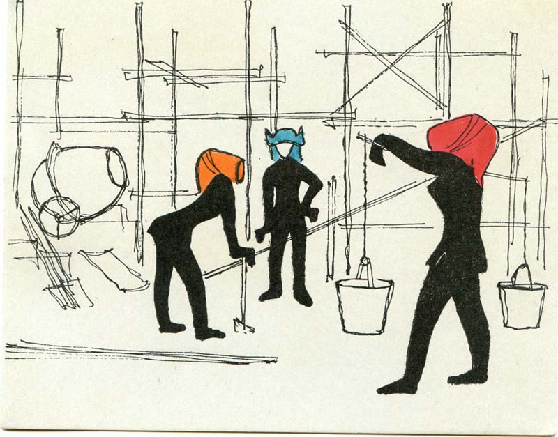 sketch of three figures at a construction site
