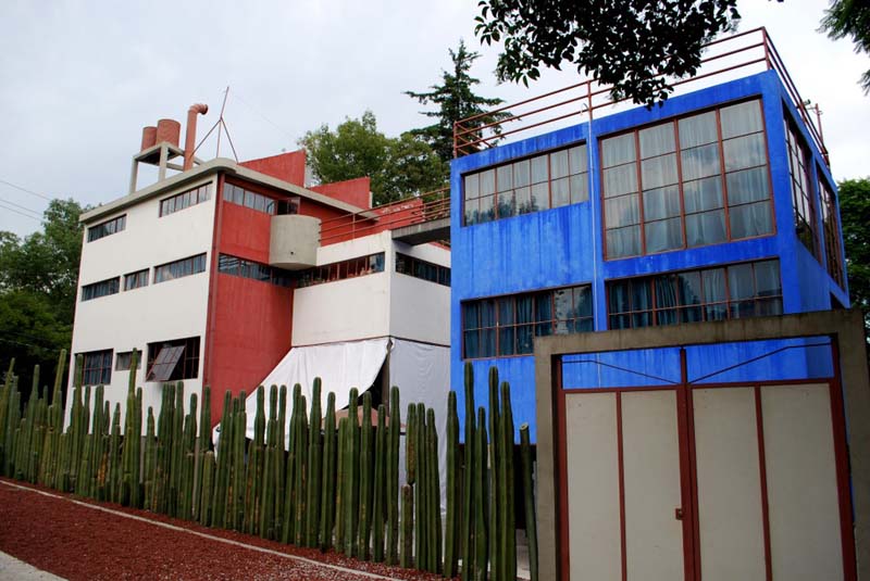 blue, white, and red modernist building