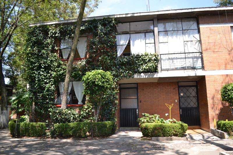 A two-story red brick building with large windows and greenery growing on the left side of the walls.