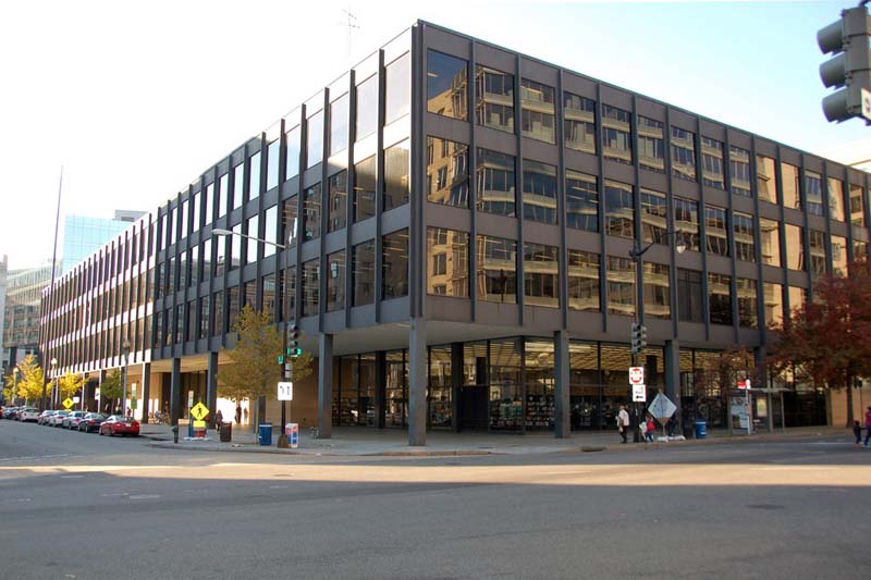 A view of the Martin Luther King Jr. Memorial Library from the opposite street corner