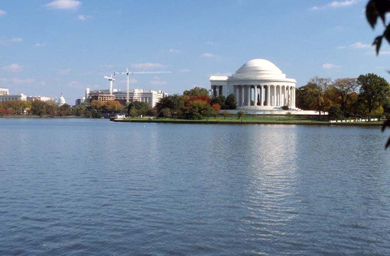 A view of the Jefferson Memorial from across the water.