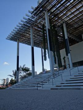 Figure 8- Facade of PAMM facing the Port of Miami with stairs and seating covering the parking underneath the elevated building